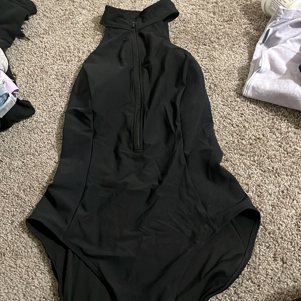L New Athleta Black Bonaire Zip Front Swimsuit One-piece Bathing Suit